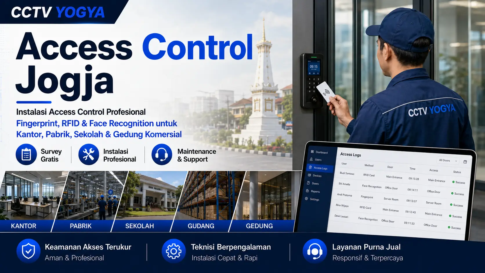 Access Control Jogja profesional dengan fingerprint, RFID, dan face recognition untuk kantor, pabrik, sekolah, dan gedung komersial