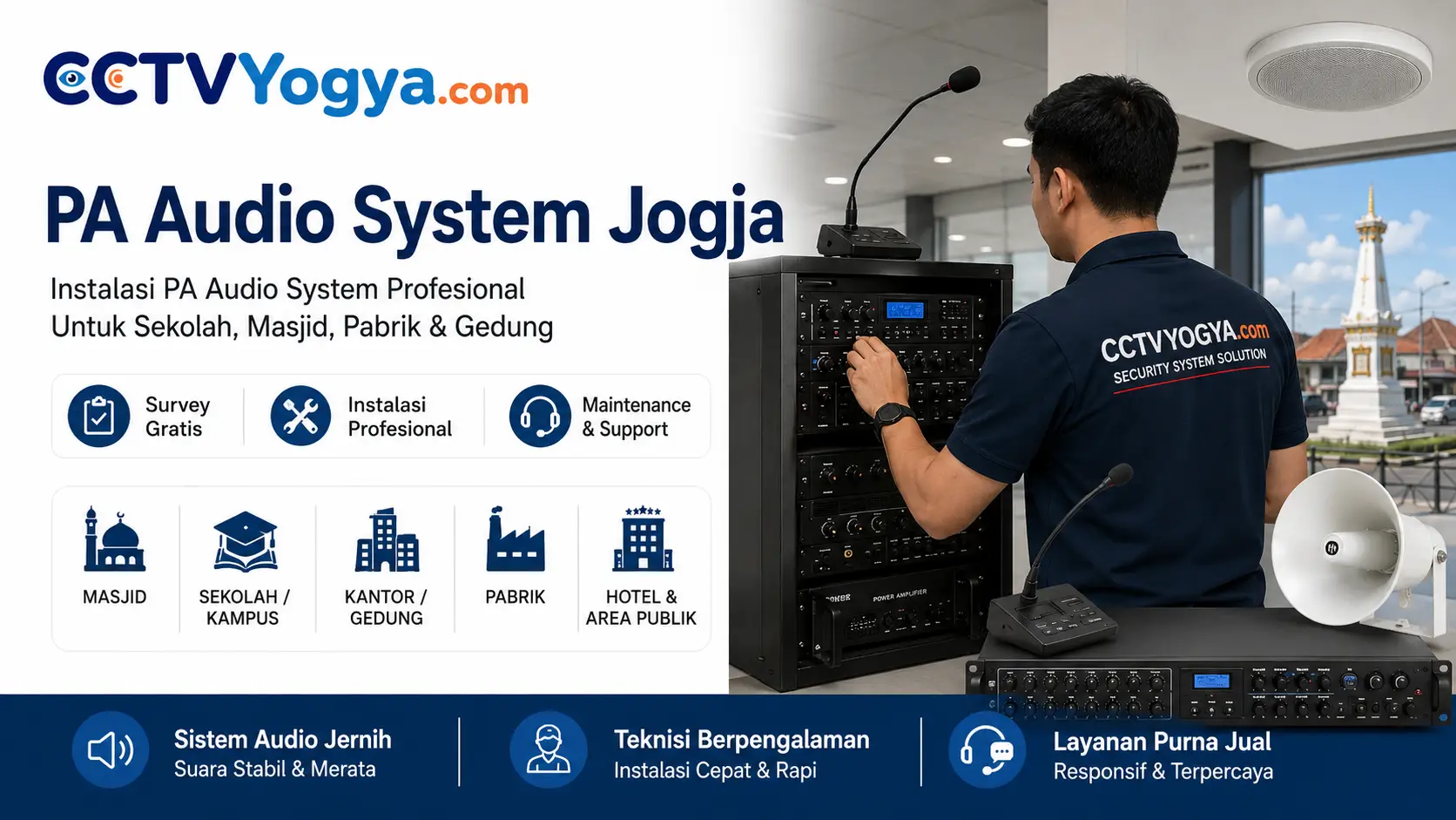 PA Audio System Jogja profesional untuk sekolah, masjid, pabrik, gedung, hotel, rumah sakit, dan area publik