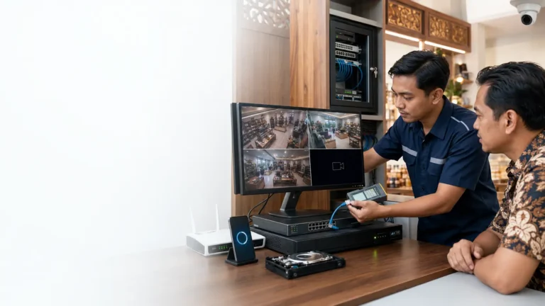 Teknisi menguji sistem CCTV offline dengan DVR, monitor, hard disk, dan perangkat jaringan di tempat usaha di Jogja.