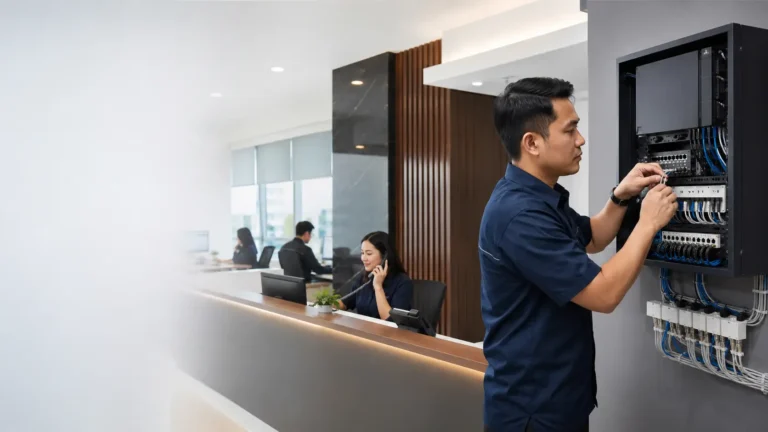 Teknisi memasang jaringan dan sistem telepon PABX pada rak perangkat di kantor modern Yogyakarta.