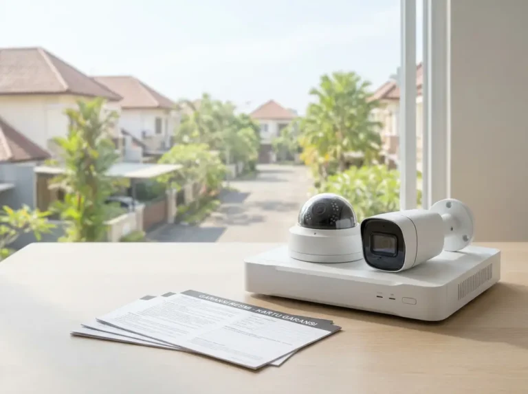 Paket kamera CCTV dengan DVR dan dokumen garansi untuk sistem keamanan rumah di Jogja.