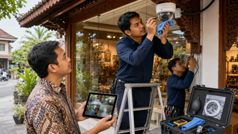 Teknisi melakukan servis dan pembersihan kamera CCTV sambil memeriksa hasil rekaman melalui tablet di Jogja.